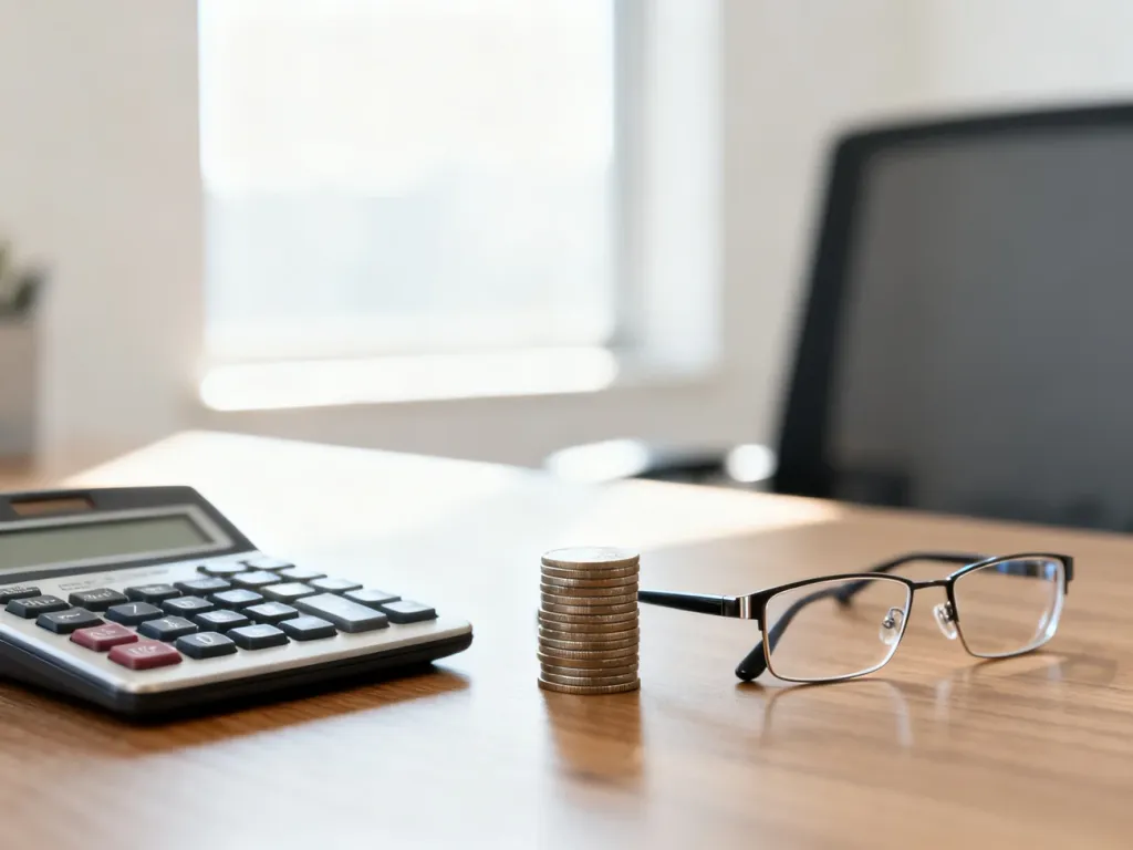 Kalkulator, monety i okulary na biurku, symbolizujące profesjonalne obliczenia finansowe i planowanie budżetu.