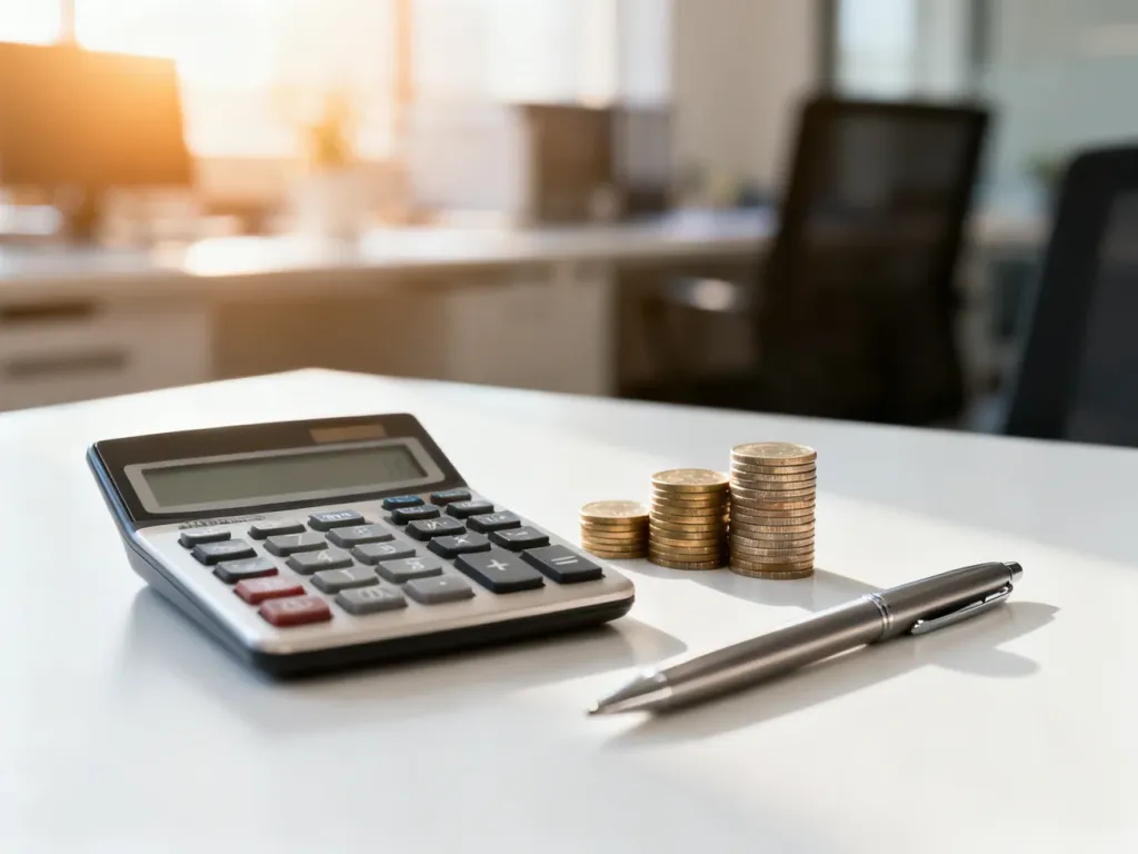 Profesjonalny kalkulator, monety i długopis na biurku, symbolizujące planowanie finansów i obliczanie wynagrodzenia.