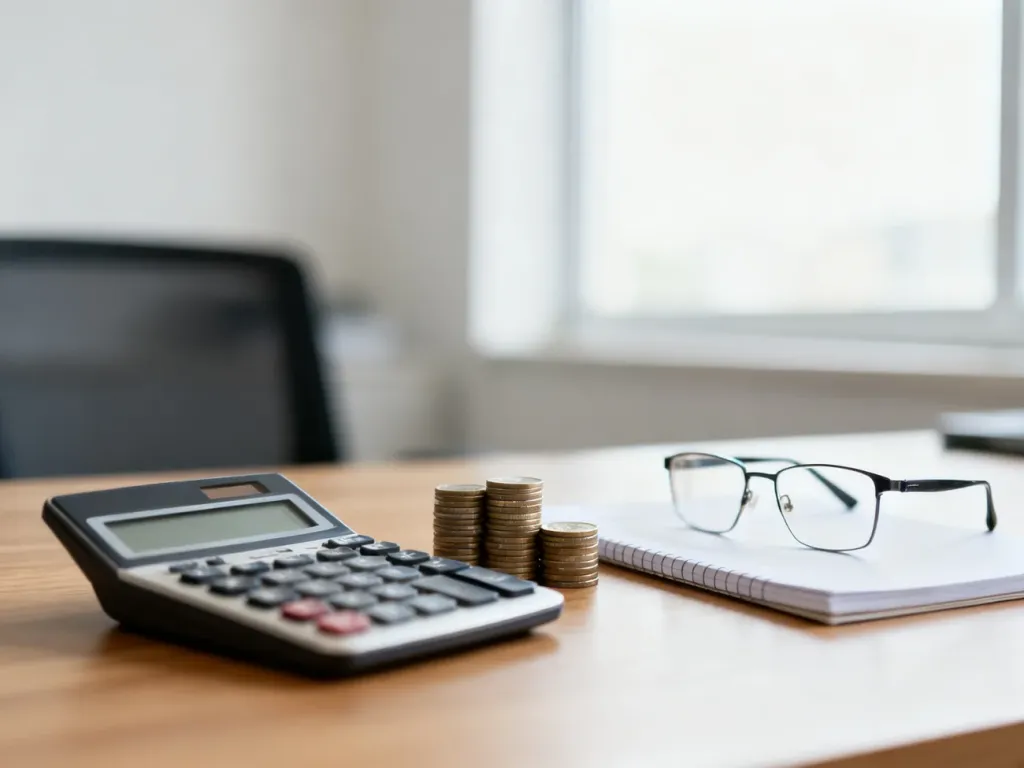 Profesjonalne biurko z kalkulatorem i monetami, symbolizujące planowanie finansów i obliczenia wynagrodzenia.