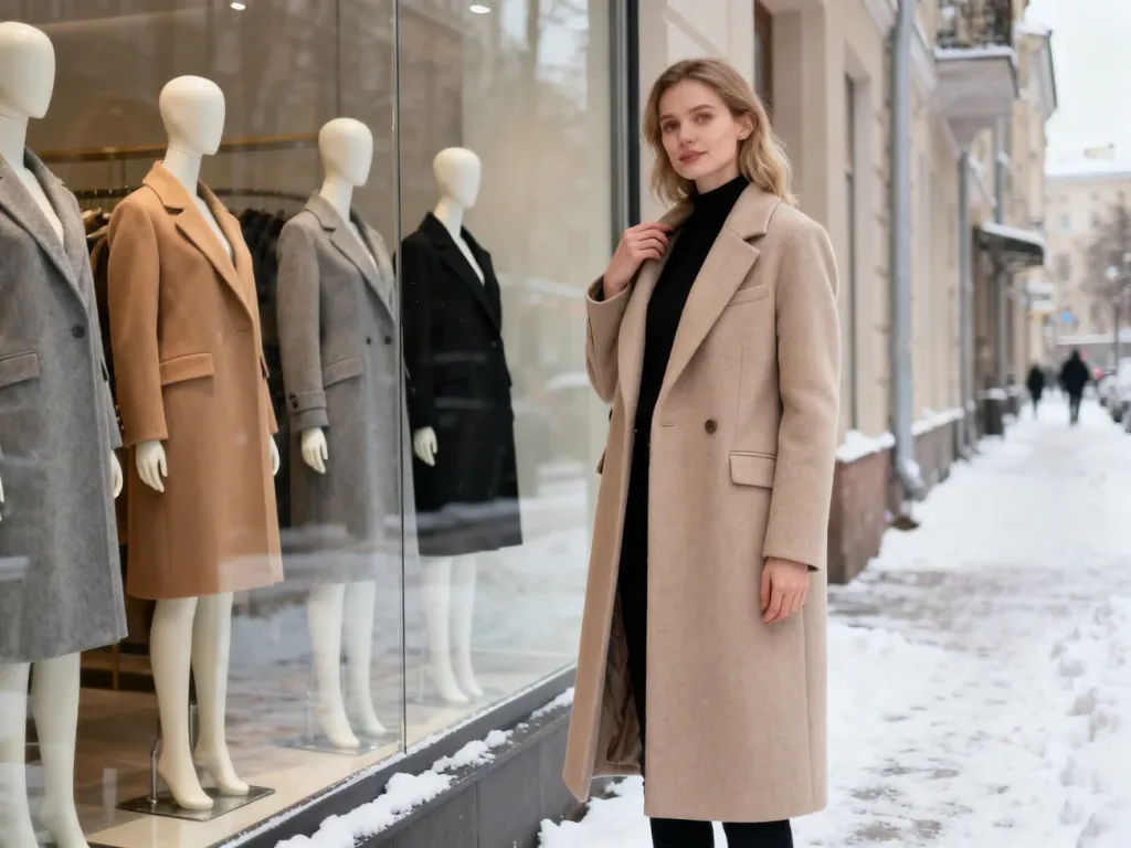 Elegancka kobieta przymierza długi zimowy płaszcz, porównując krój do sylwetki w witrynie z różnymi modelami płaszczy