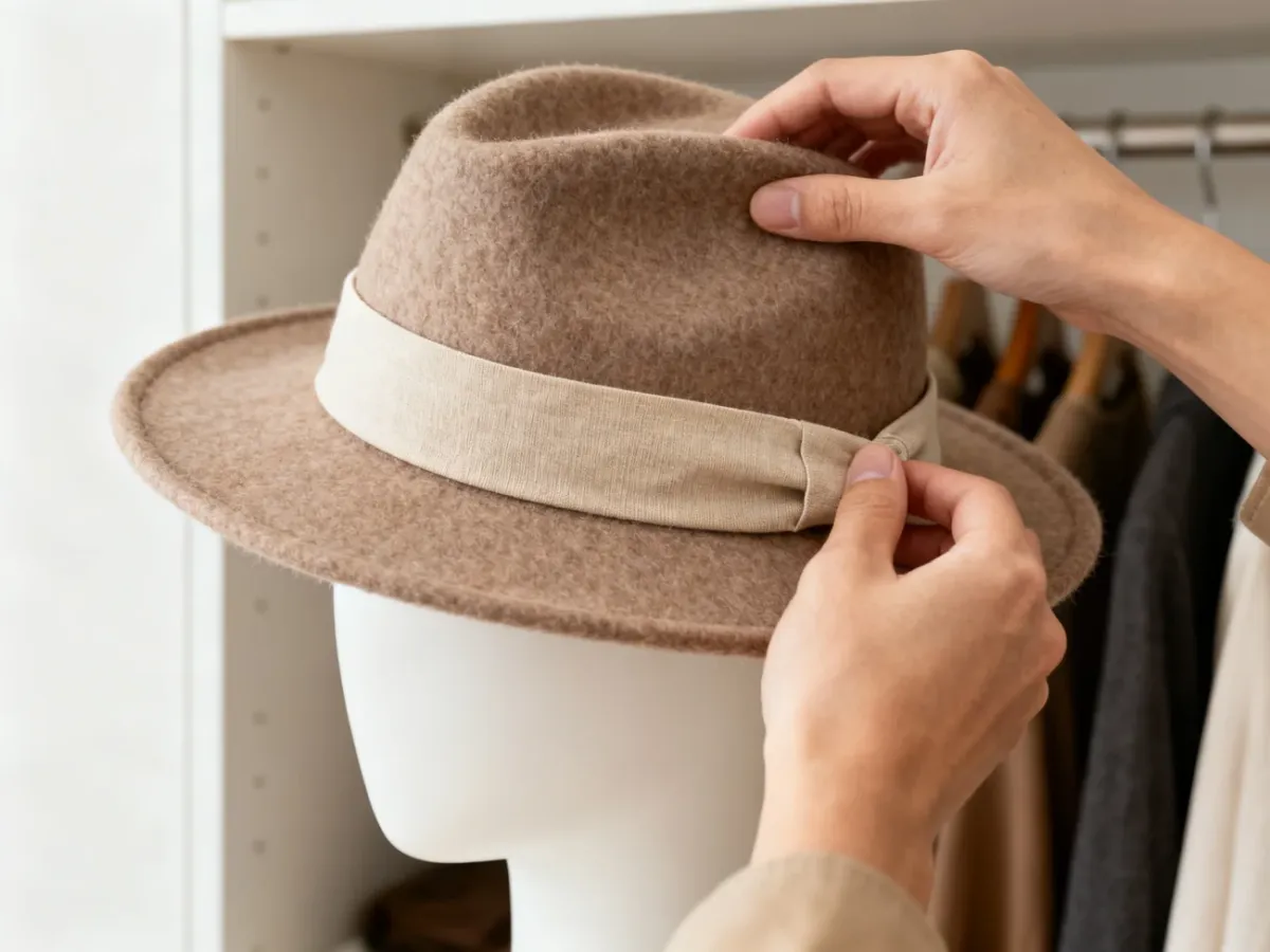 Dopasowywanie filcowego kapelusza za pomocą szerokiej opaski materiałowej