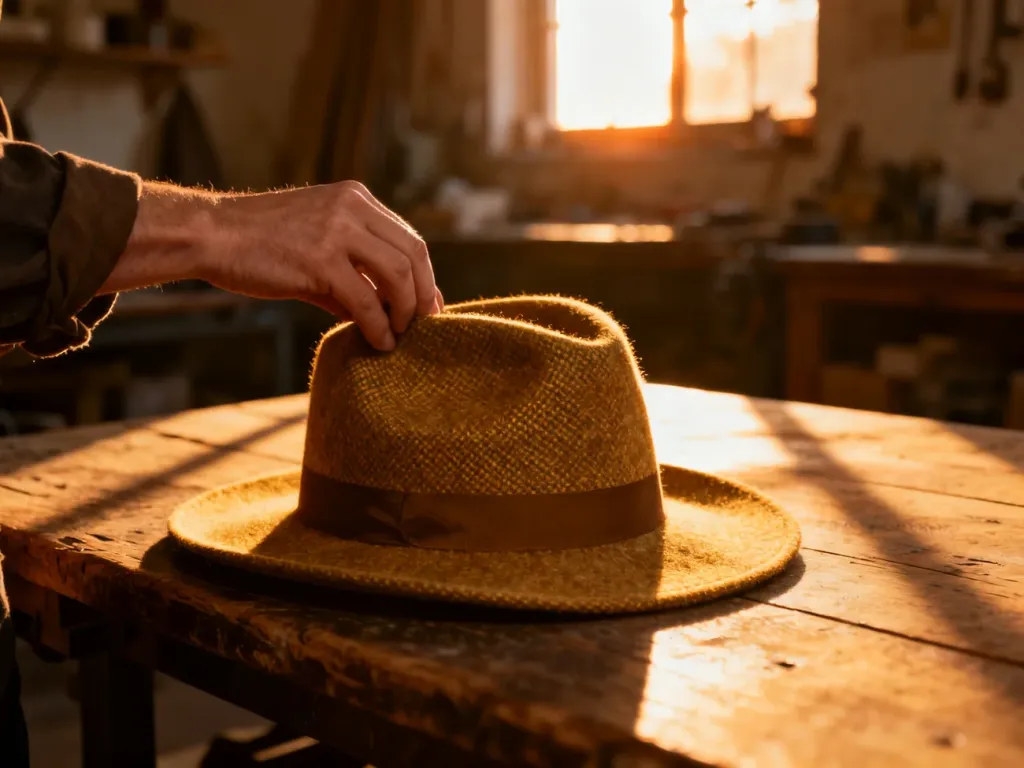 Dłonie ręcznie formujące filcowy kapelusz typu fedora na drewnianym stole w klimatycznej pracowni.