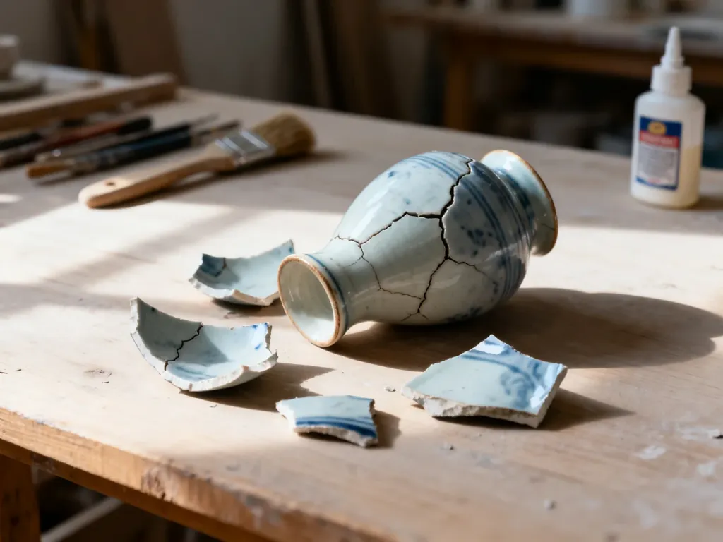 Rozbity ceramiczny wazon leżący na warsztatowym stole, ukazujący uszkodzenia wymagające naprawy.