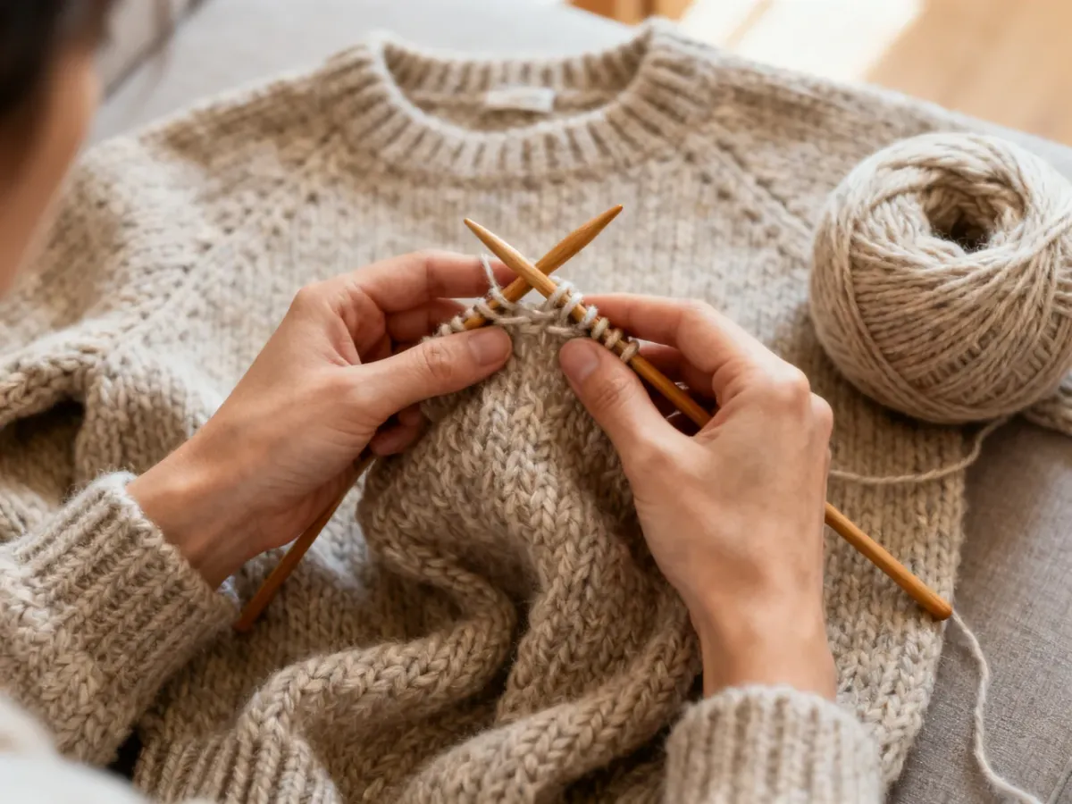 Dłonie dziergające sweter na drewnianych drutach
