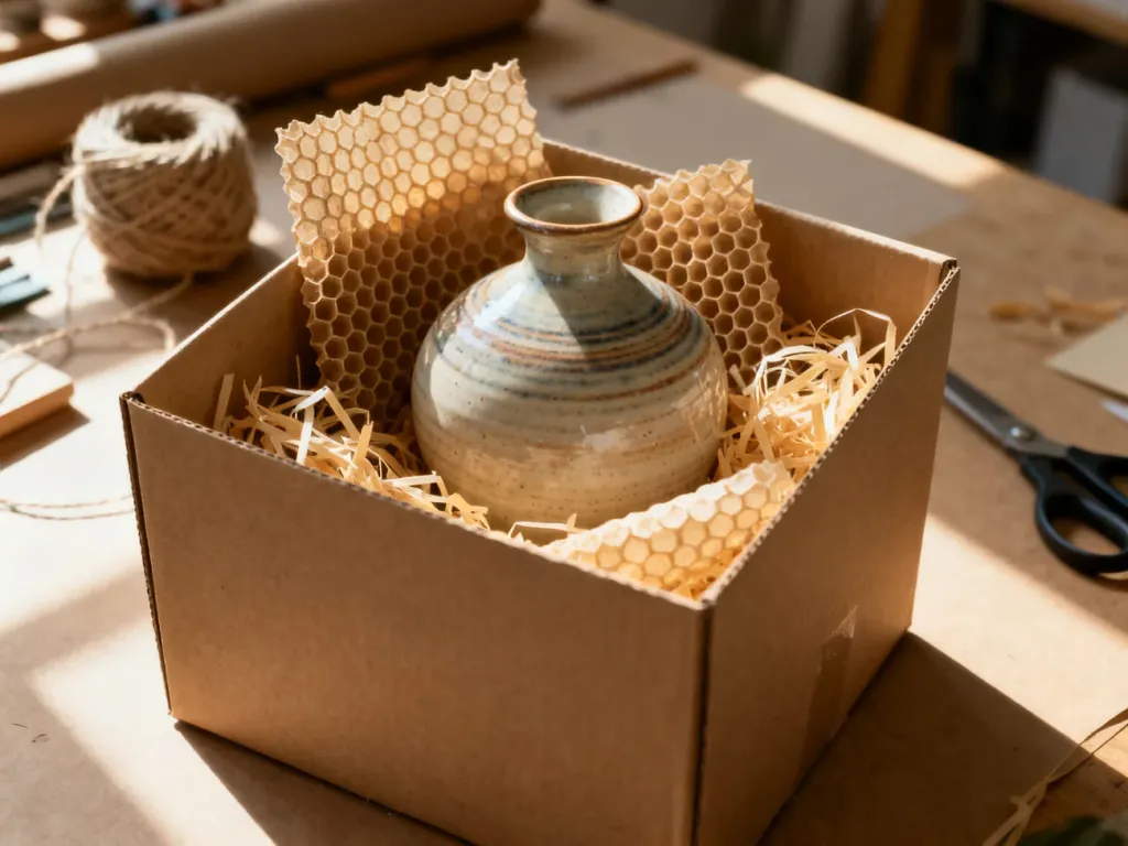Ręcznie wykonany wazon ceramiczny bezpiecznie zapakowany w karton z ekologicznym wypełnieniem z papieru i wełny drzewnej.