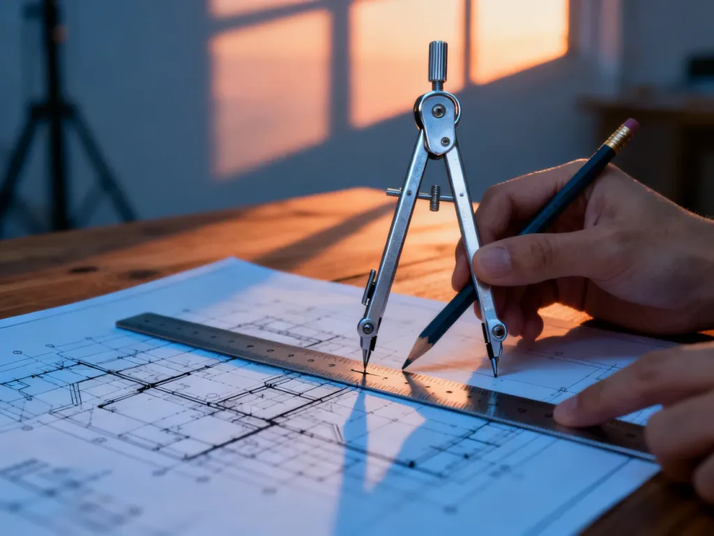 Architekt poprawiający precyzyjnie projekt techniczny za pomocą linijki i cyrkla na biurku.