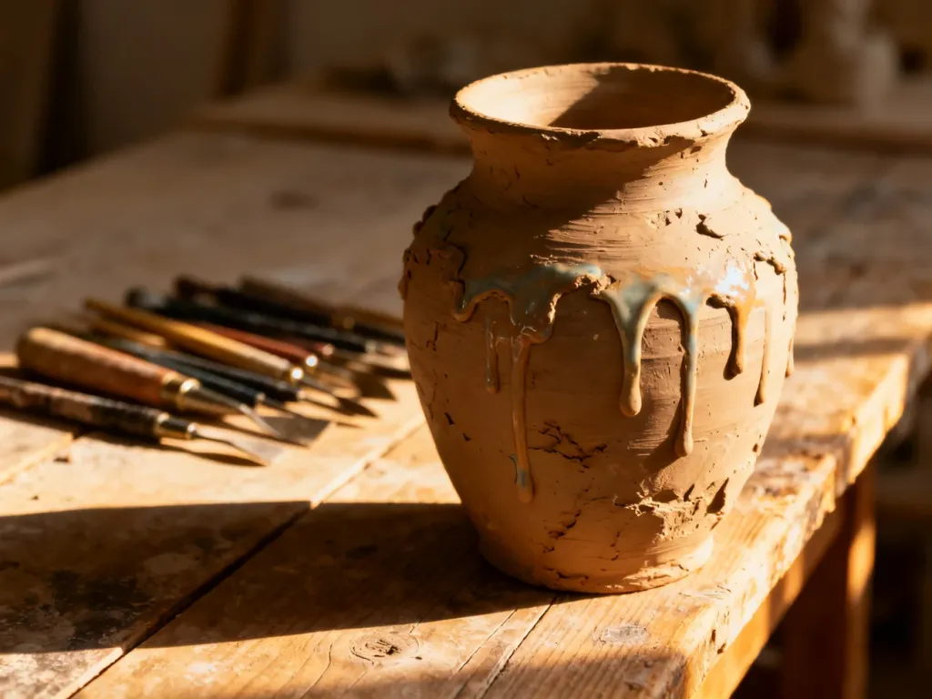 Ręcznie wykonany wazon ceramiczny z widocznymi niedoskonałościami i zaciekami szkliwa na drewnianym stole warsztatowym.