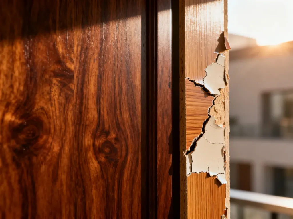 Porównanie wysokiej jakości drewna z łuszczącym się laminatem, ukazujące różnicę w trwałości i estetyce materiałów.