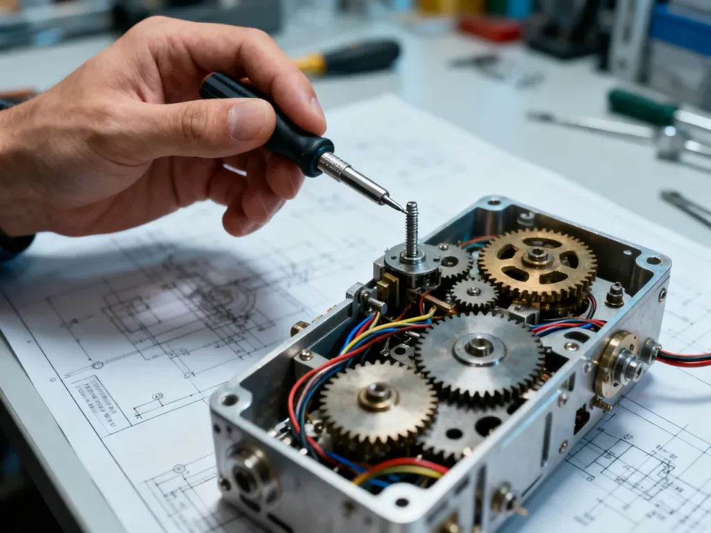 Precyzyjne dłonie dokręcające śrubkę w skomplikowanym mechanizmie podczas naprawy urządzenia w warsztacie.