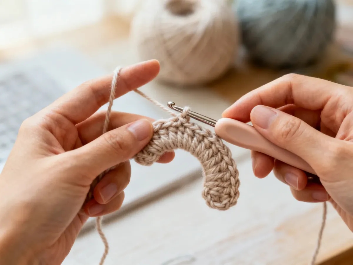Dłonie szydełkujące luźno miękką włóczkę ergonomicznym szydełkiem